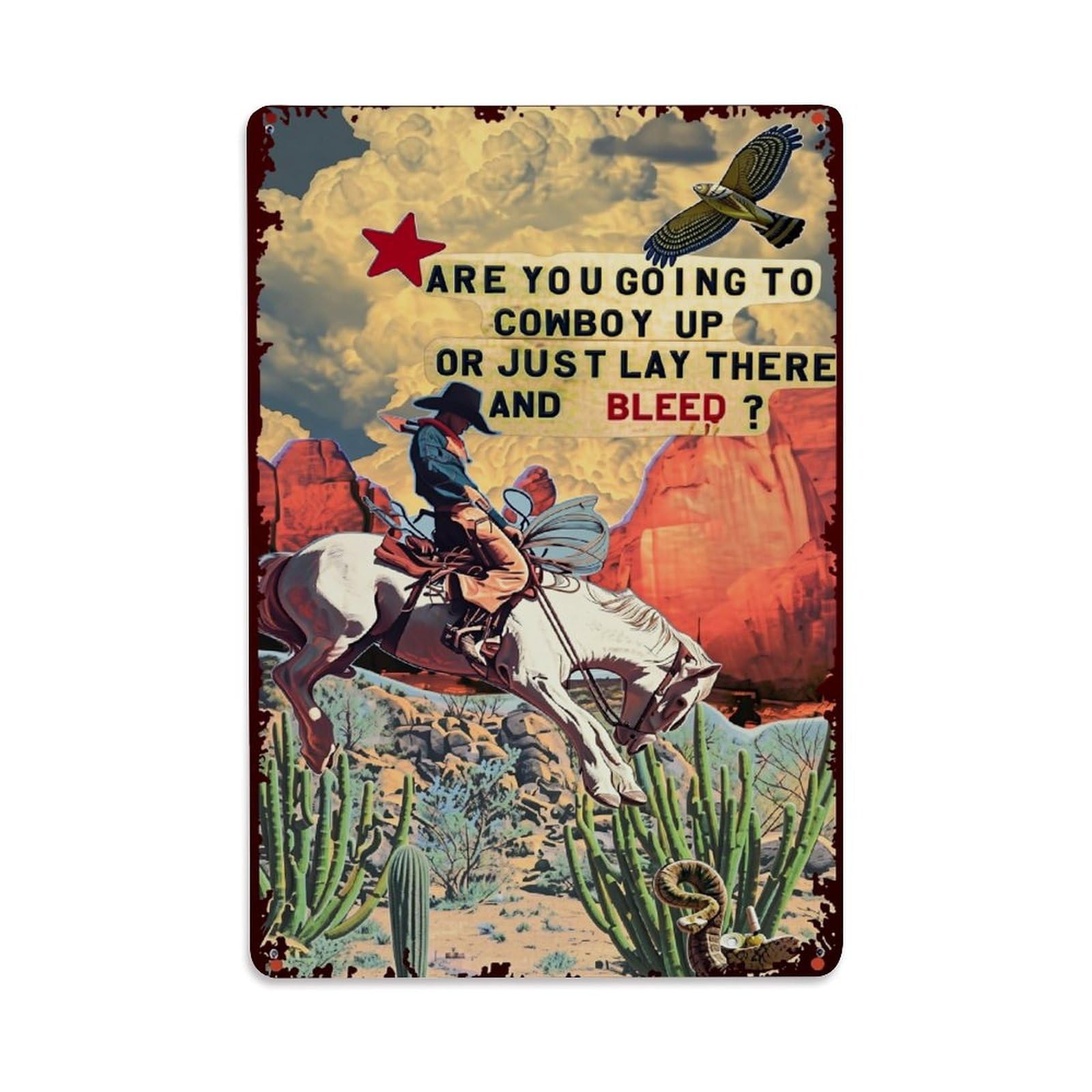 Jdyaojiesheng Vintage Cowboy Horse Desert Cactus Snake Tin Sign Retro Metal Wall Decor Metal Poster, Home Bar Garage Farmhouse Cafe Wall Art Decoration 8X12inches