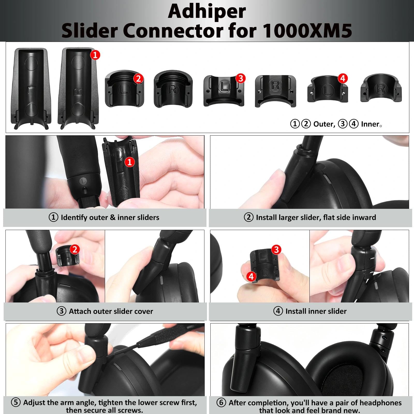 Adhiper Kit di riparazione per cerniera girevole di ricambio per Sony WH | Nero, modellato con precisione per una vestibilità perfetta. Rinforzo ad alta resistenza. Strumenti completi. Facile fai da