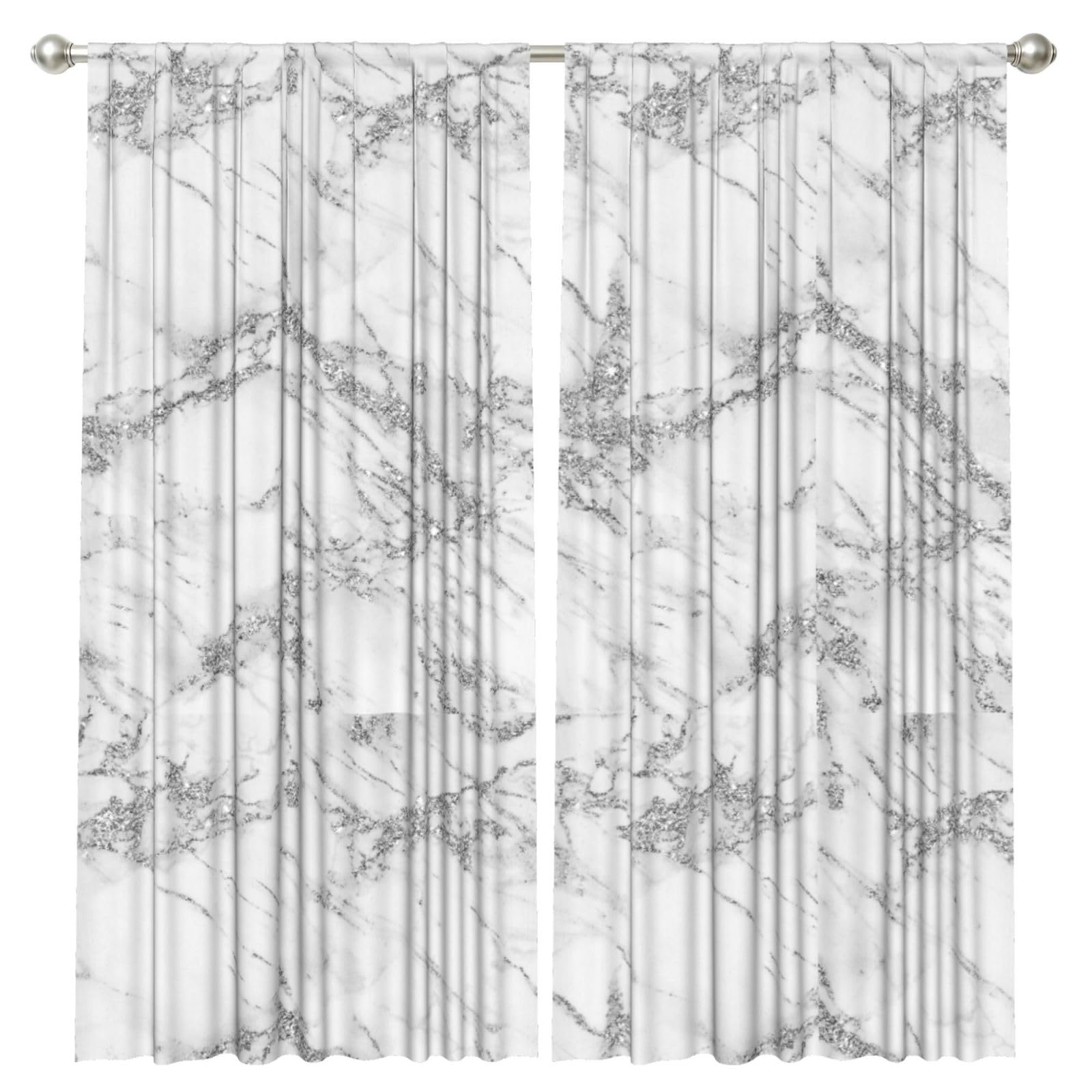 InOmak Elegant Chic White Gray Silver Glitter Marble, 2 Panels Window Curtains 52 x 84 Inch Blackout Curtains for Living Room Bedroom