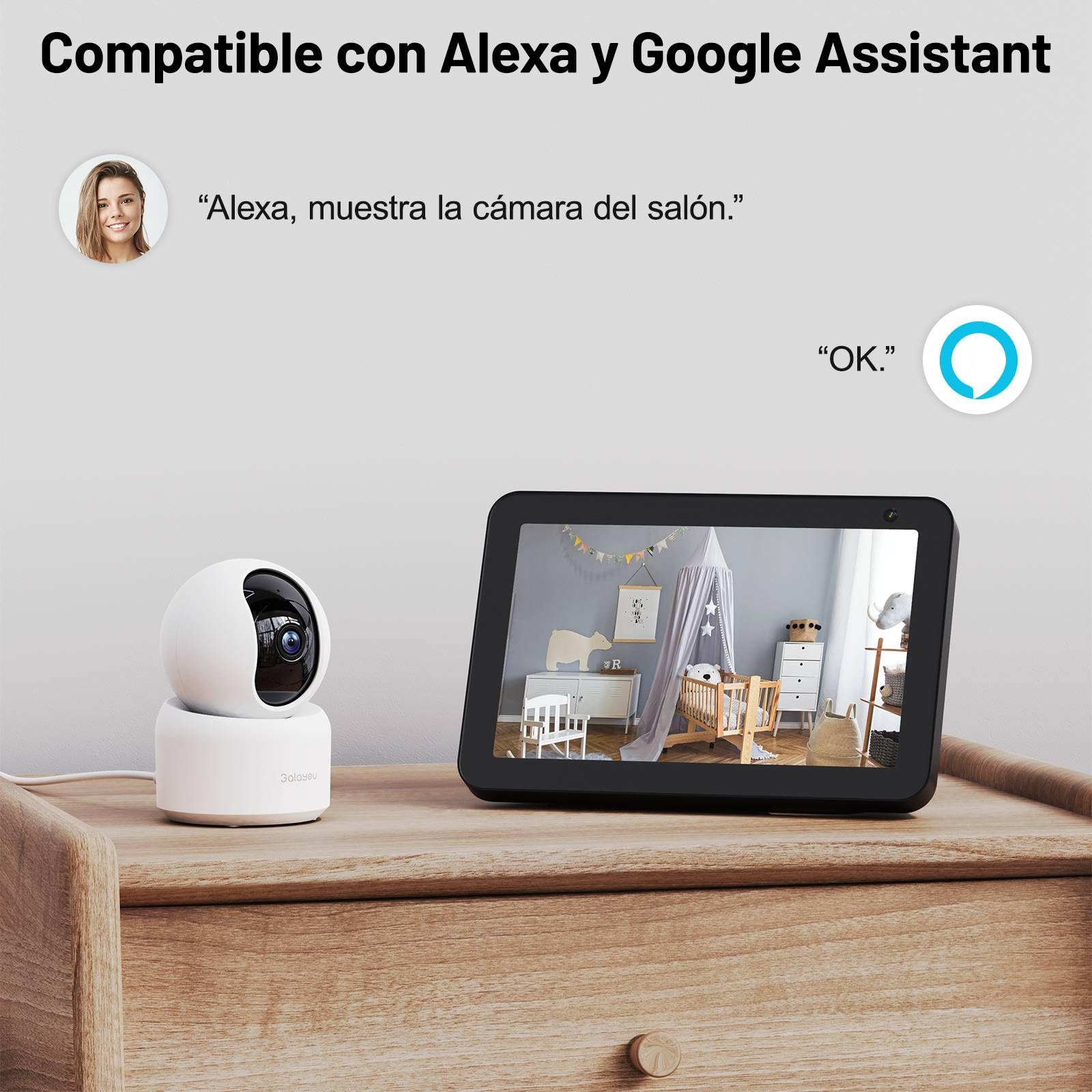GALAYOU 2K Cámara Vigilancia WiFi Interior - Camaras Vigilancia Domicilio WiFi 2,4G para Perros y Bebe 360°, Seguimiento de Movimiento, Grabación Continua, Audio Bidireccional, Compatible con Alexa