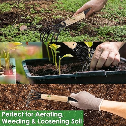 Miniatura 4 de Rastrillo de madera de 15 pulgadas, mango de goma antideslizante, acero de grado militar, cultivador de 5 dientes para suelo pulverizado y aireado