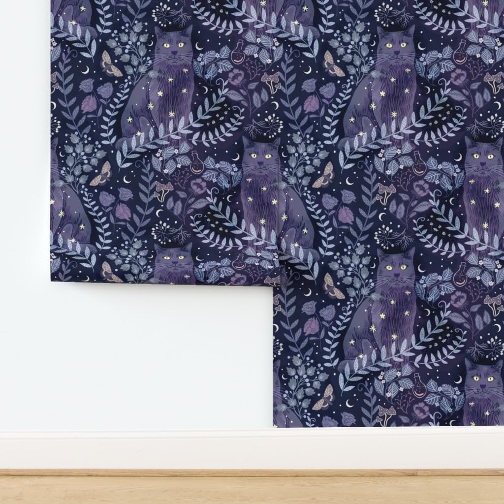 Peel & Stick Wallpaper 3ft x 2ft - Night Garden Lunar Witch Dreamy Indigo Blue Purple Black Moody Botanical Jumbo Scale Celestial Cat Custom Removable Wallpaper by Spoonflower