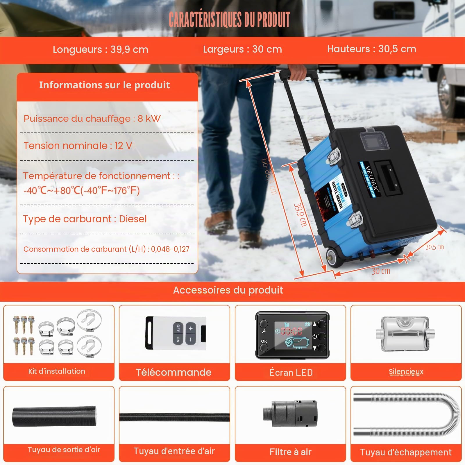 Chauffage Diesel 12/24 V 8 kW Réchauffeur d'Air Diesel Superficie riscaldata 30 m² Écran LCD et Télécommande Réservoir 10 L pour Bateau et Auto