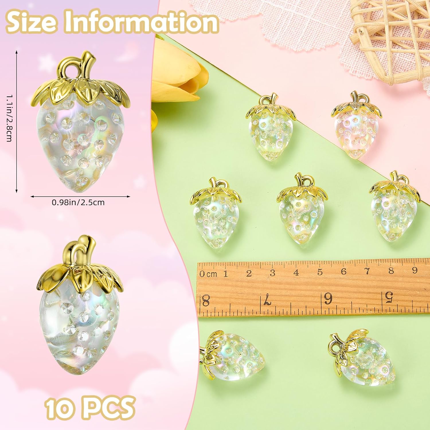 10 Pcs Strawberry Fruit Food Charms for Jewelry Making Resin Pendants Brass Leaf for Bracelets Earrings Necklace DIY Crafts - Image 2