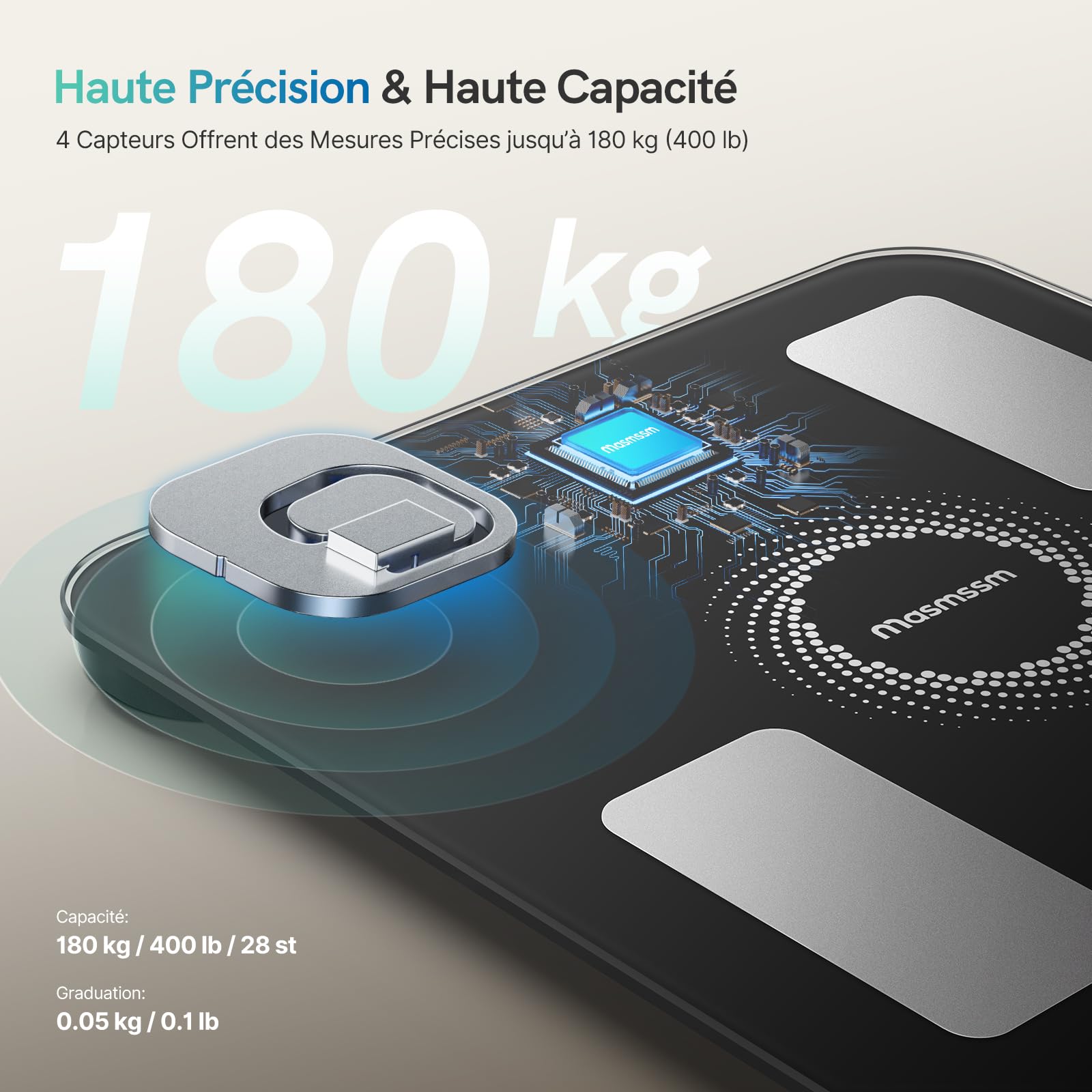 Balance Pèse-Personne, Balance Connectée Impédancemètre Écran Couleur 6-en-1 Défilant, 20 Indicateurs, IMC, Graisse Corporelle Pour iOS & Android, Max. 180kg/ 400lb