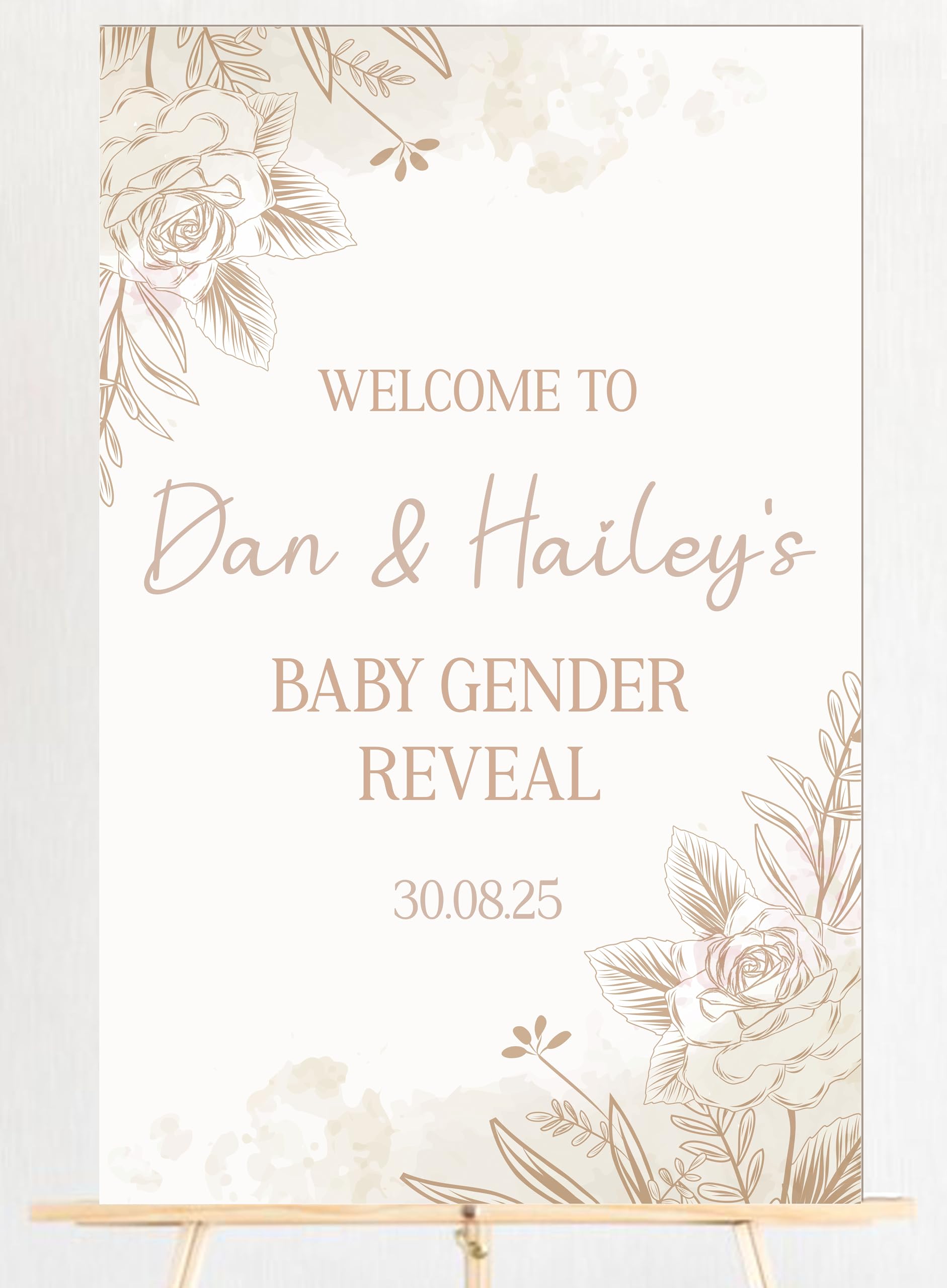 Neutral Baby Gender Reveal Board Wood Floral & Teddy Designs Beige Yellow Custom Names Date Personalised Welcome Sign for Boy or Girl Announcement Party (Beige Floral)