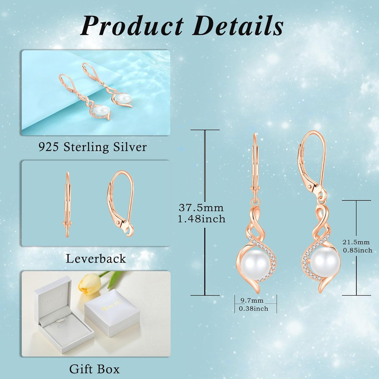 Pearl Dangle Drop Earrings 925 Sterling Silver Infinity Leverback Earrings Pearl Jewelry for Women - Image 6