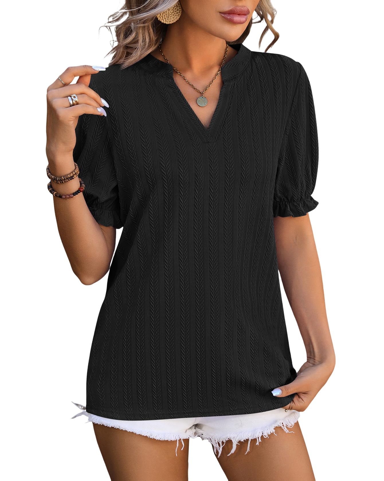 Atxnn Blusa Mujer de Manga Corta Puff Camiseta con Cuello en V Camisa Elegantes de Verano Top de Trabajo para Fiestas