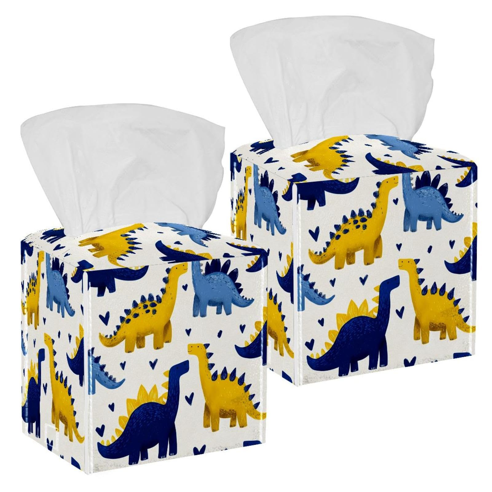 Cute Dinosaur Tissue Box Cover, 2 Pack PU Leather Square Facial Tissue Dispenser Box holder for Home Office Car