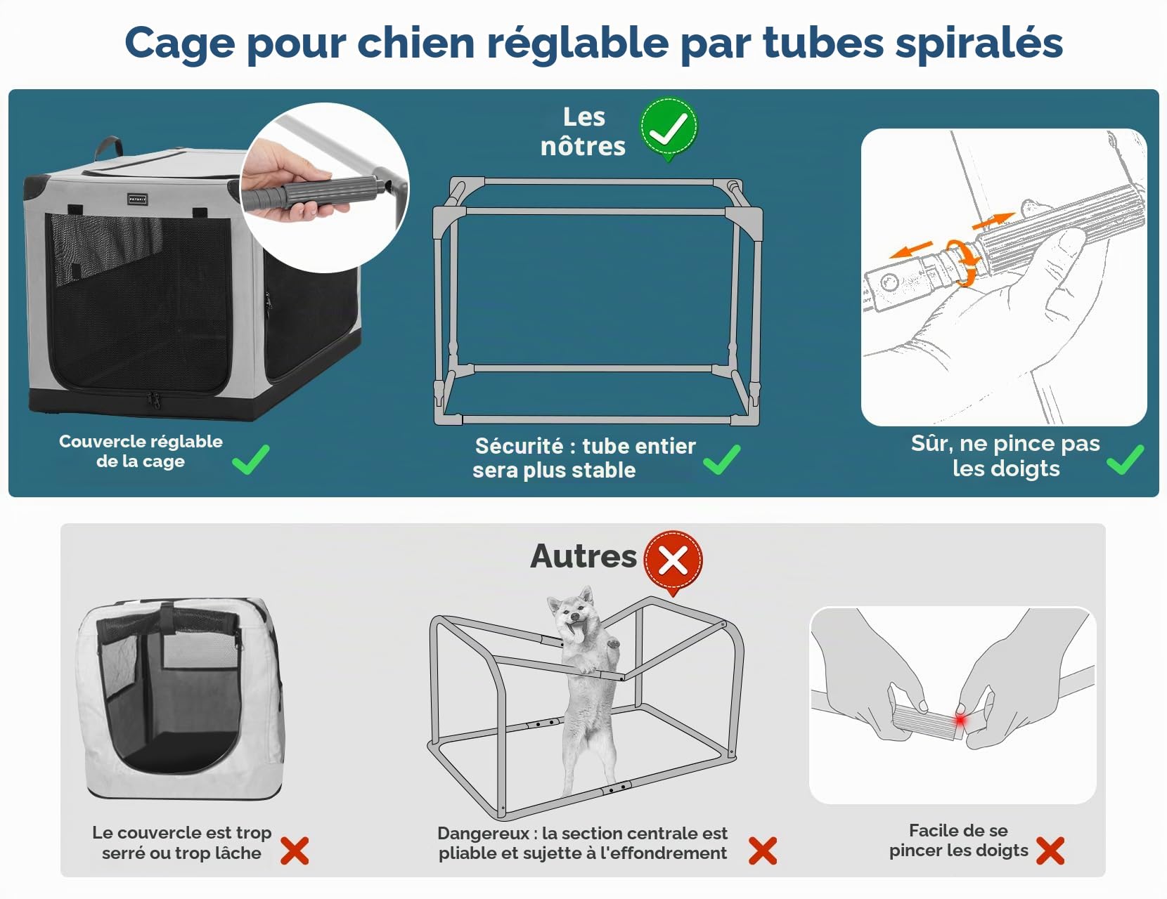 Petsfit Cage pour Chien Pliable, Transport en Tissu avec Cadre en Aluminium Intégré, Caisse Réglable par Tuyau en Spirale, Gris, XL