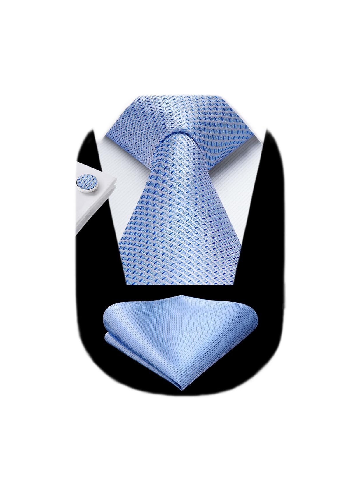 HISDERN Mens Solid Ties Formal Business Woven Tie and Pocket Square Cufflinks Set Classic Silk Satin Necktie Wedding