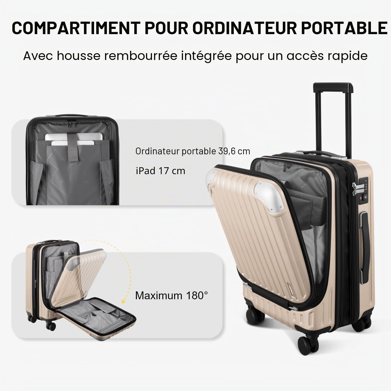 LEVEL8 Valise Cabine Extensible ABS+PC Bagage à Main Trolley Rigide Bagages Cabine avec 4 roulettes Doubles Pivotantes et Serrure TSA, 55x37x25CM, 42L, Champagne