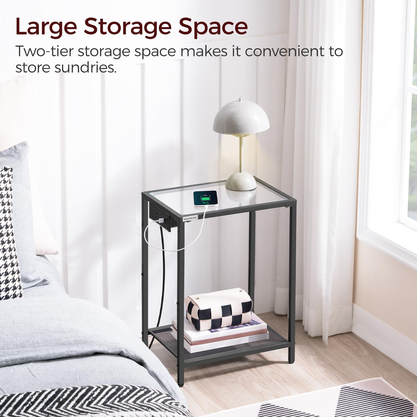 MAHANCRIS Side Tables with Charging Station, Set of 2 End Tables with USB Ports & Power Outlets, Bedside Table for Small Space, 2-Tier Nightstand with Tempered Glass Top, for Bedroom, Black ETH24K01S2