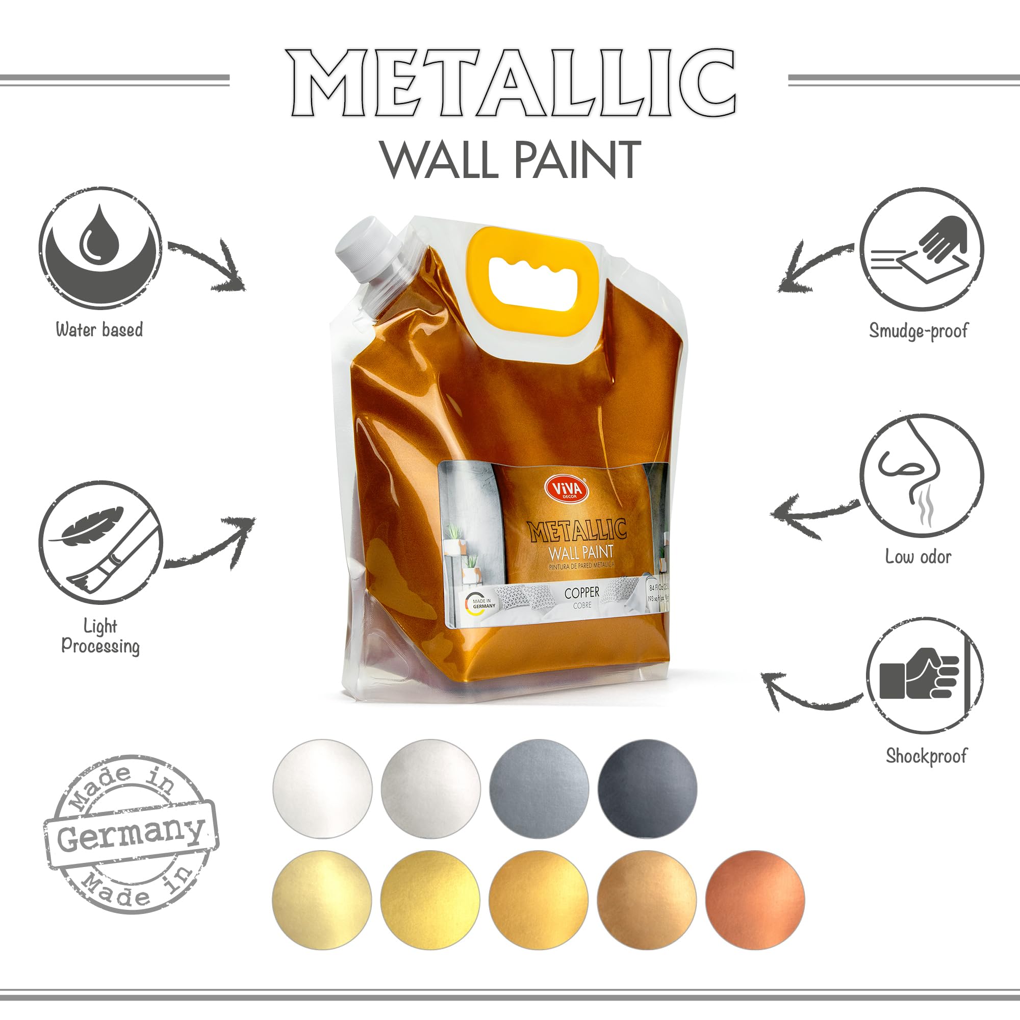 Viva Decor Peinture murale métallique 250 ml (cuivre) - Effet pailleté - Haut pouvoir couvrant - Idéal pour un design mural élégant dans le salon ou la chambre à coucher