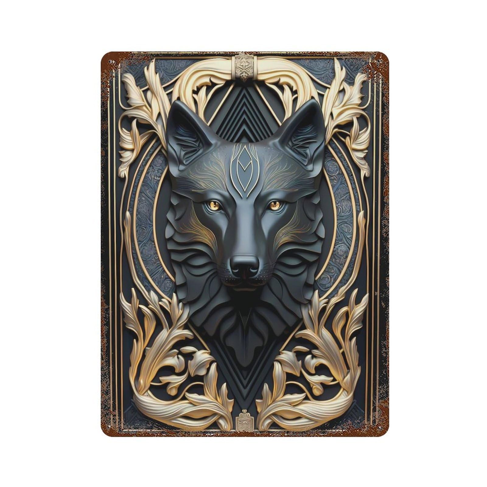 Elegant Black Golden Wolf Aged Metal Wall Plaque 15.7"x11.8", Classic Wall Plaque for Garage, Pub Or Kitchen