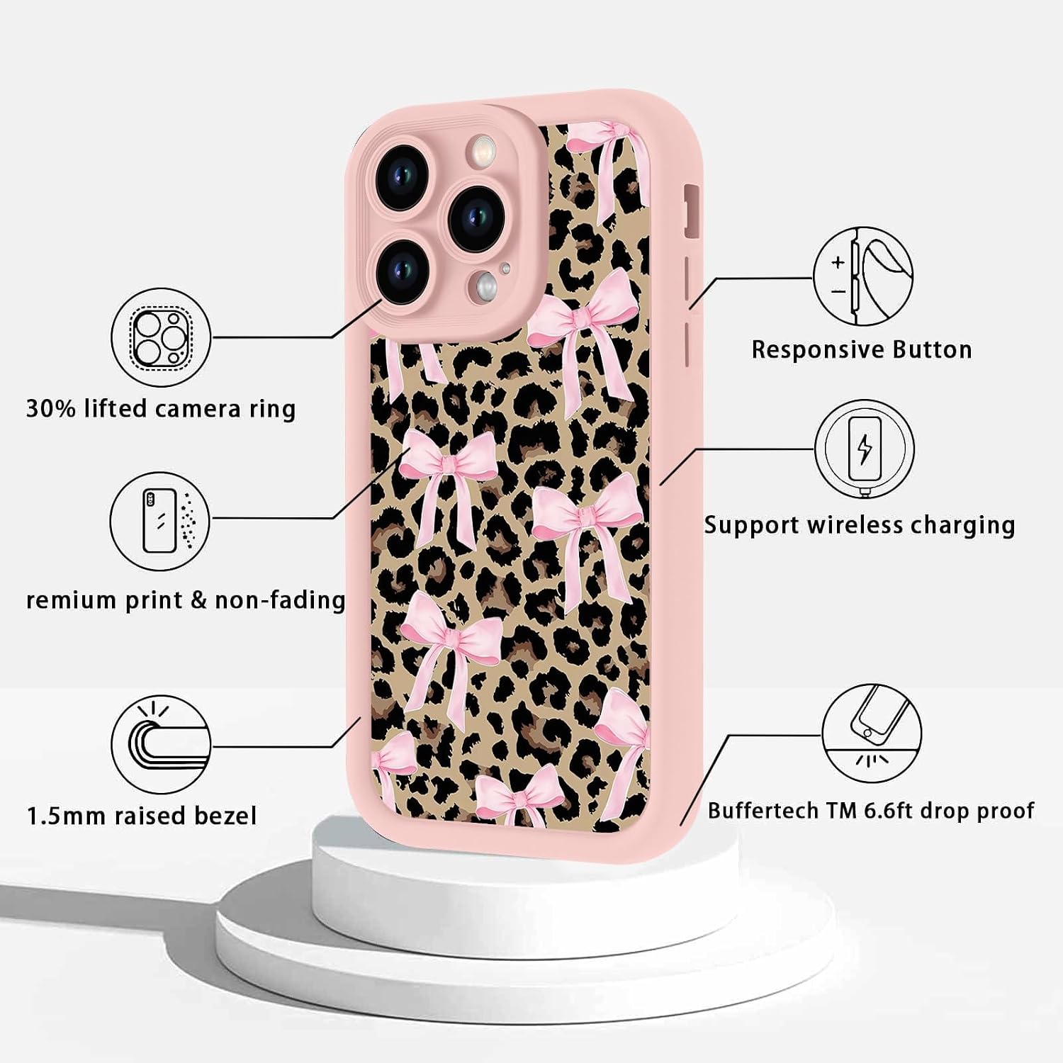 Aesthetics Cheetah Leopard Print Pink Bow Phone Case for iPhone 13 Pro Max Case Raised Camera Protection Soft Silicone Slim TPU Funda Phone Cover for iPhone 13 Pro Max 6.7 Inch image 4