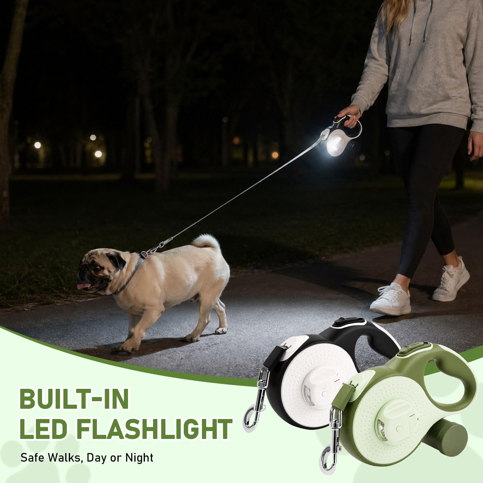 Laisse Chien Enrouleur,Laisse Flexi 8m,360° Anti-nœuds,avec Un Boutton S'arrêter Bloquer,Lampe LED,Porte-Sacs à Déjections Canines,Jusqu'à 35 kg,pour Petit, Moyen et Grand Chiens (Vert)