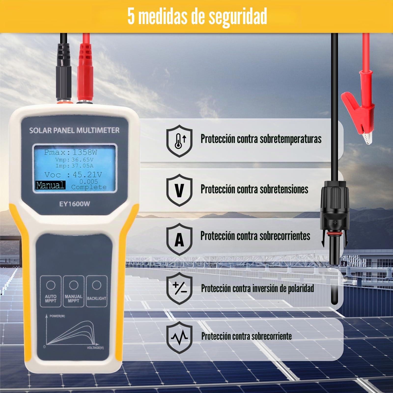 Probador solar EY1600W, instalación, medidor de voltaje vacío, detección MPPT, pantalla LCD