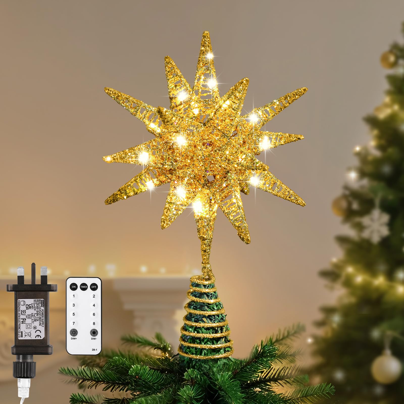 Lewondr Warm Champagne Gold Christmas Tree Topper, Plug In 3D Starburst Xmas Lighted Star Tree Topper, Remote Control & Timer Light Up Vintage Moravian Tree Topper For Christmas Decoraiton, Warm Light, Champagne Gold