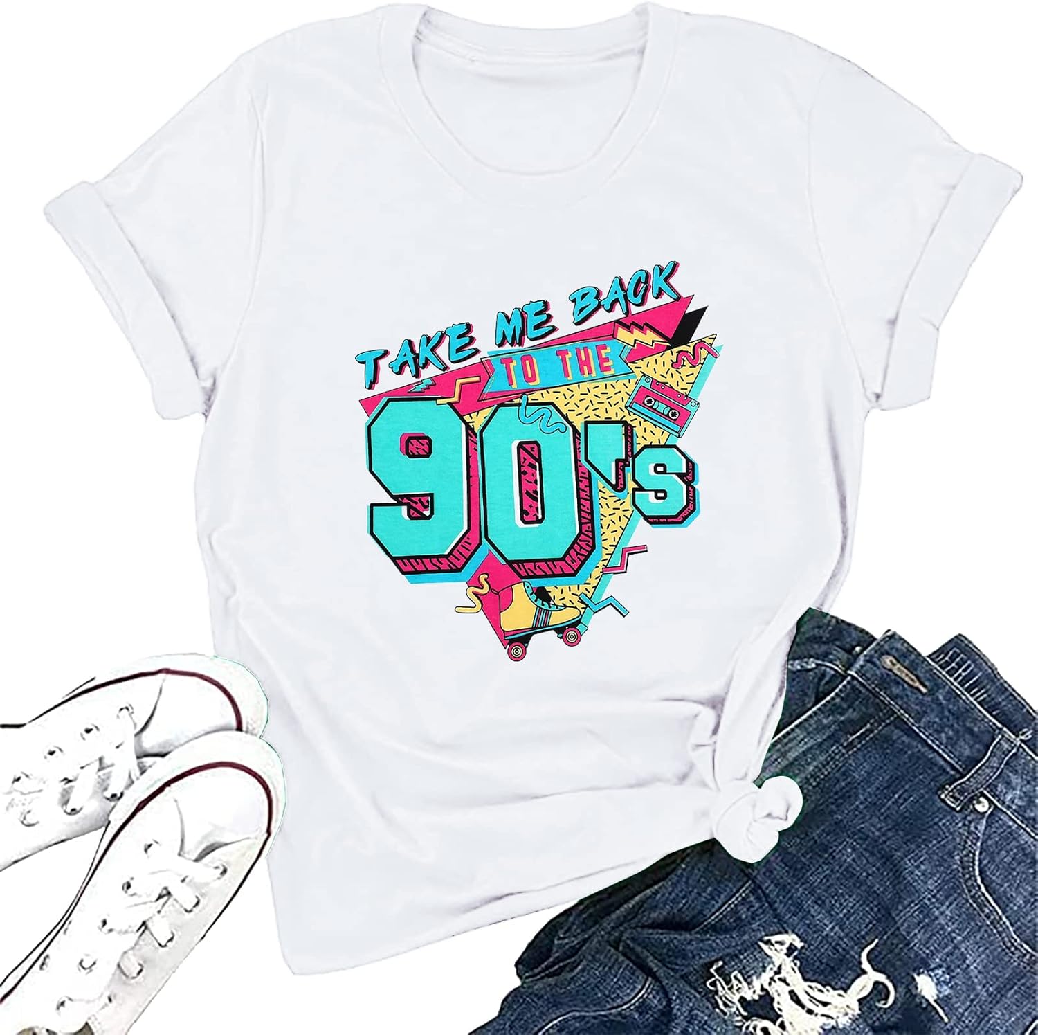 90s Outfit for Women Take Me Back to The 90's Shirt Vintage Neon Crew Neck Tops Tee for Birthday Party Gift
