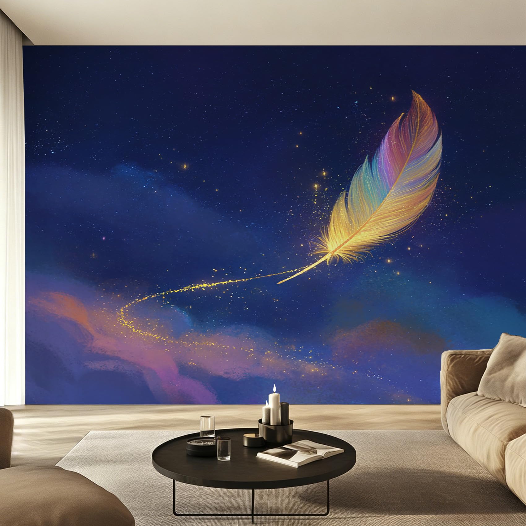 Papier peint panoramique plumes colorées pour métamorphoser un mur blanc ennuyeux avec fantaisie