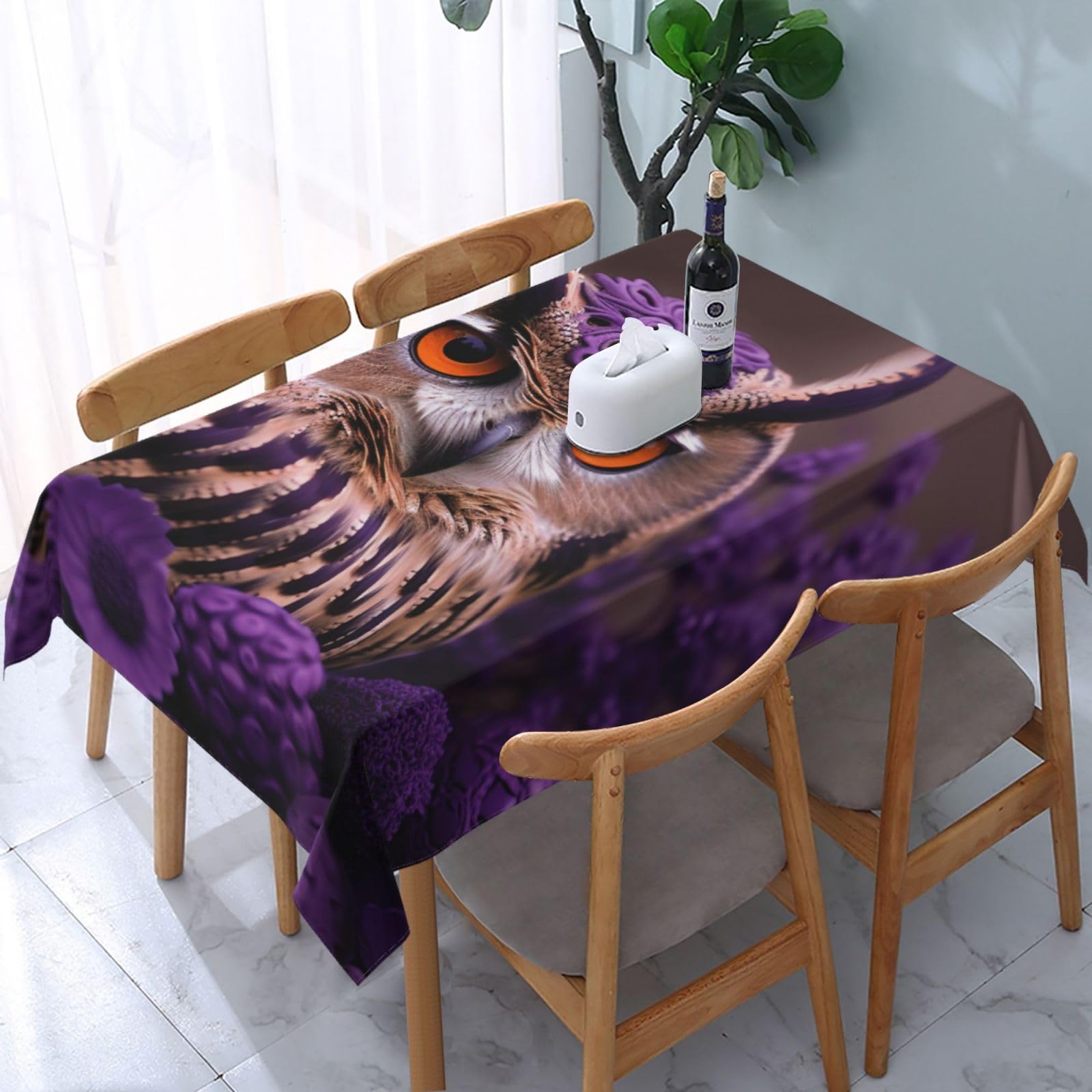 WPKJU Owl in The Flowers Printed Tablecloth Water Resistant Table Cover Washable Rectangle Table Cloth for Tables 54x72 in