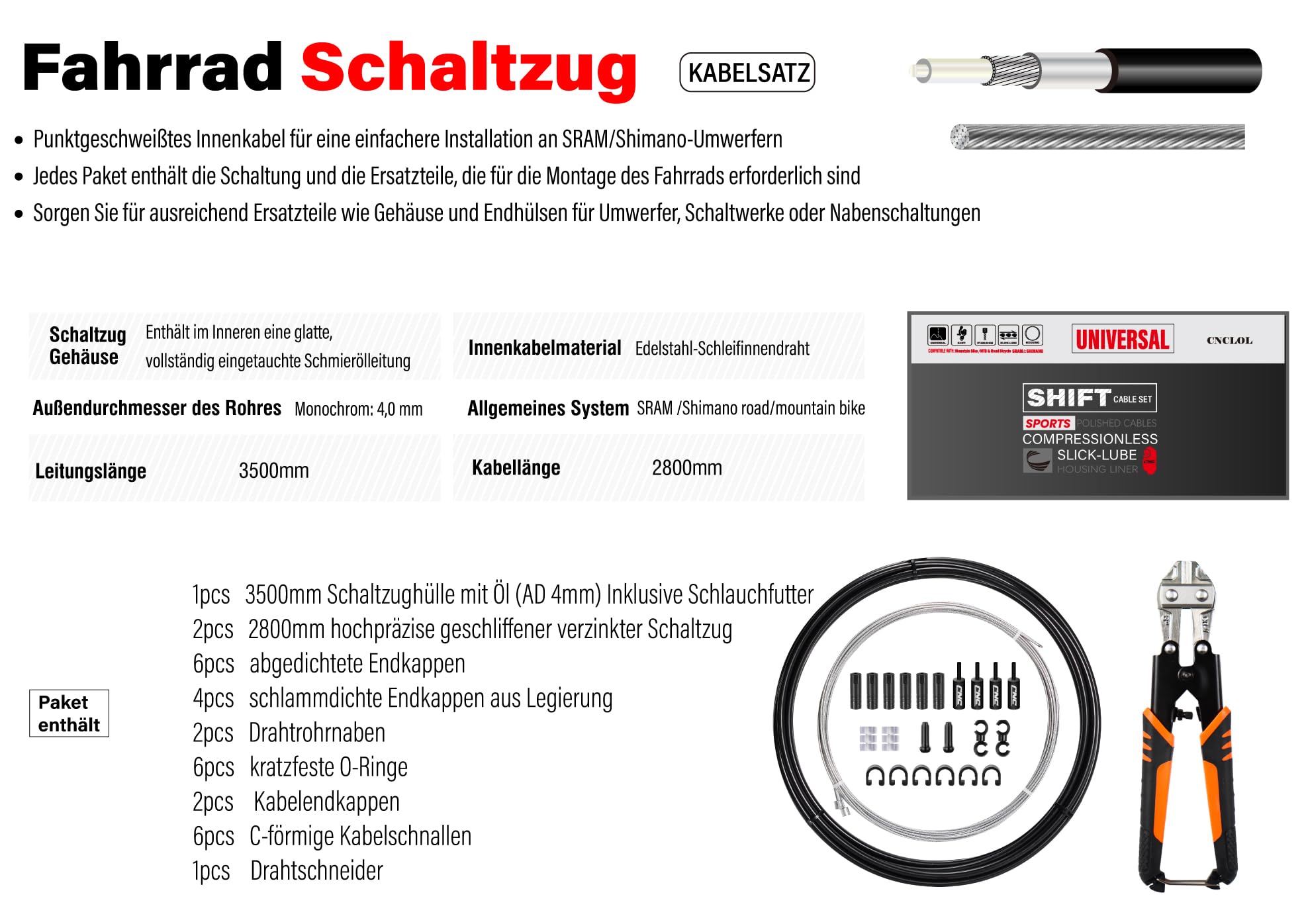 Fahrrad Schaltzug für Shimano/Sram,Fahrrad Schaltkabel mit Kabelschere Set-Universal Fahrrad Schaltseil 2800mm Mit Öl Schlauch 3500mm Schaltzugset für Rennrad, MTB, Citybike und andere.