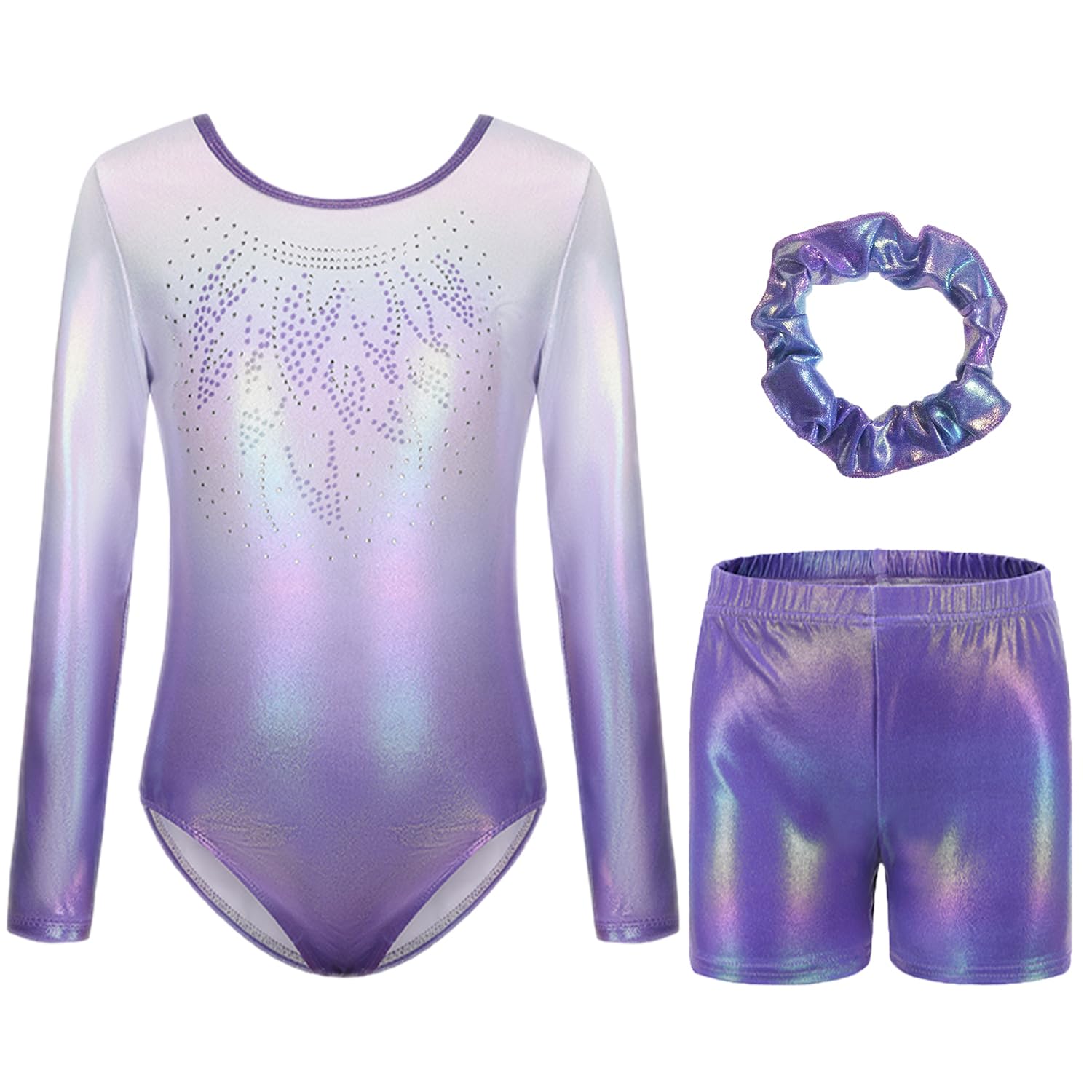 Justaucorps de Gymnastique pour Filles Trois Pièces Maillots de Gymnastique Gymnastique à Manches Longues avec Short et Bandeau