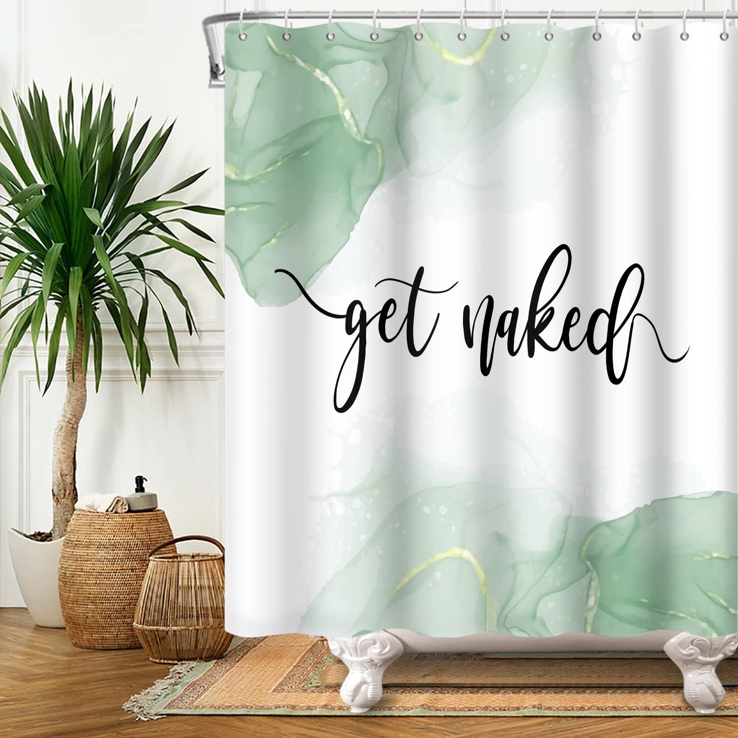 SDOTPMT 55x72inch Get Naked Theme Shower Curtain Green Marble Texture White Background Bath Curtain Funny Quote Art Fonts Words Bathtub Curtain for Bathroom Decor Fabric Polyester with Hooks