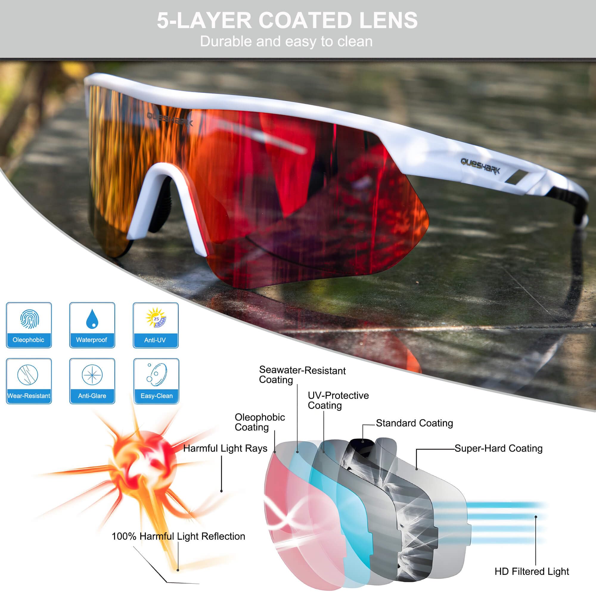 Queshark Lunette de Cyclisme, Lunette Running Homme Femme, TR90 Cadre & Protection UV400 Lunette Vélo, Lunettes de Soleil Homme Sport pour Cyclisme Conduite Golf Ski Pêche Course à Pied