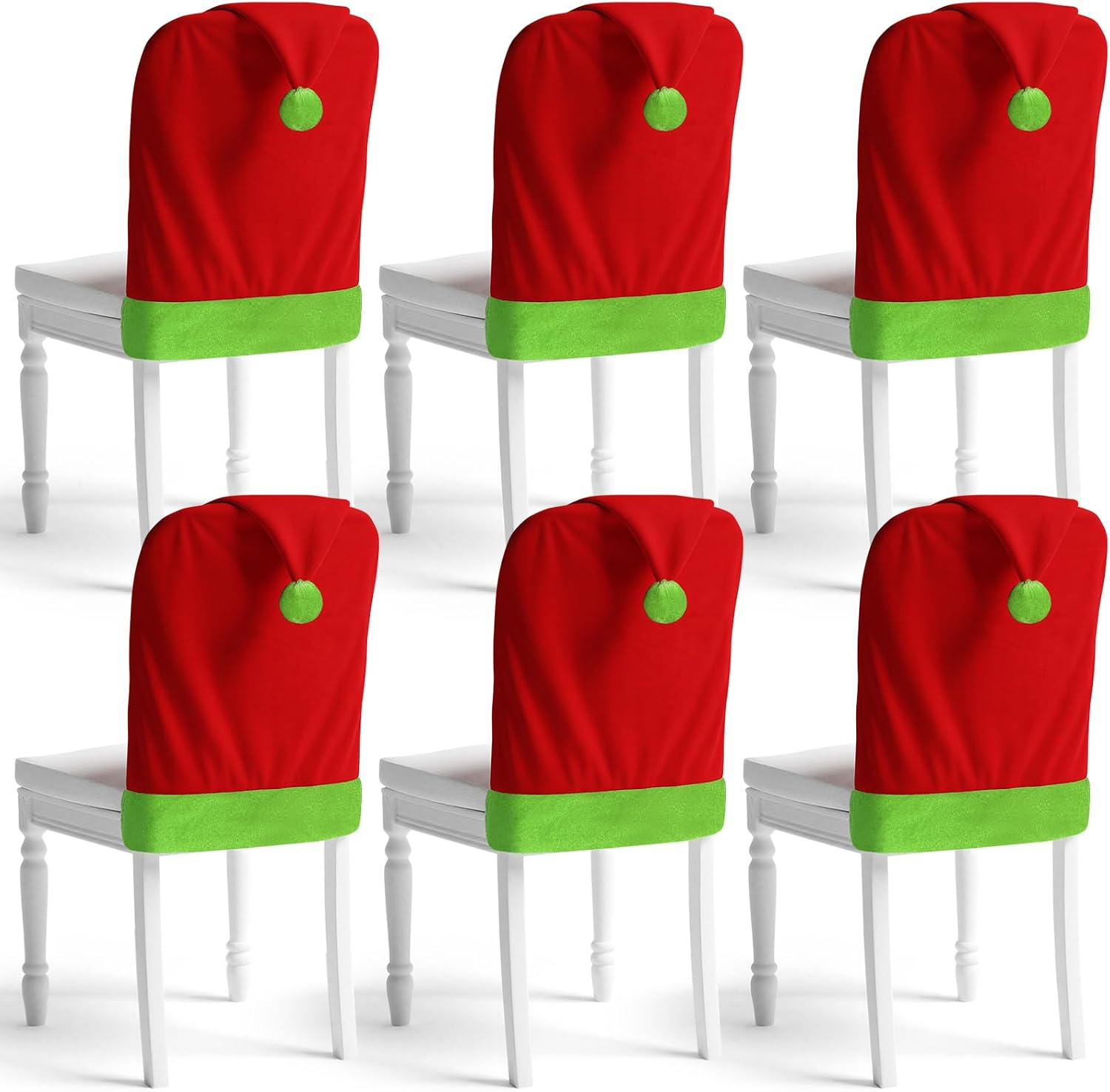 6pcs Red Hat Dining Chair Slipcovers Green Velvet Ball Christmas Chair Back Covers Kitchen Seat Covers for Christmas Holiday Festival Decoration