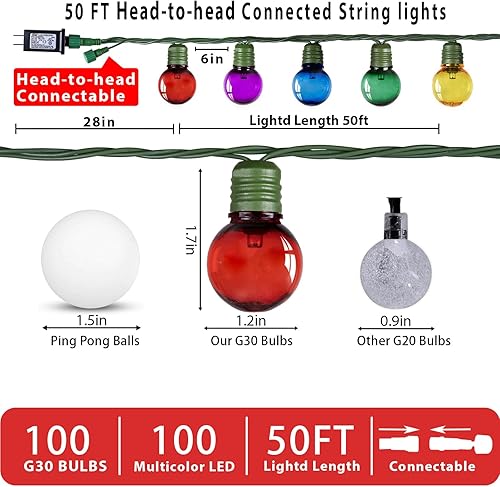 Miniatura 3 de 100 luces LED de 50 pies de globo de Navidad para exteriores, luces redondas G30 de Navidad pequeñas, conectables impermeables, para patio, aleros