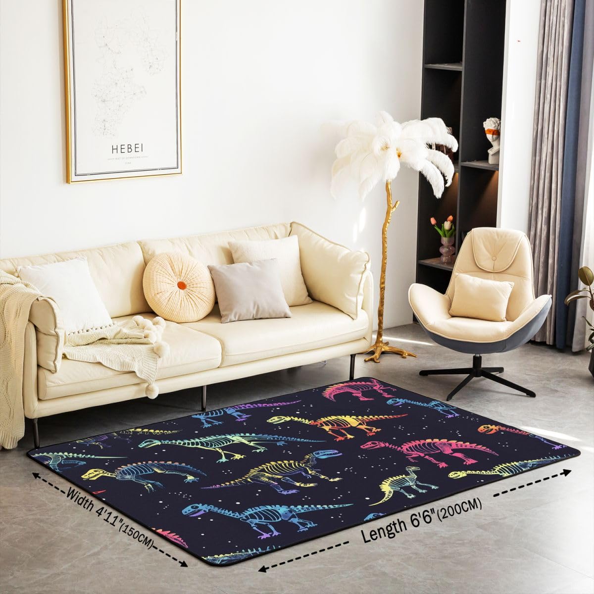 Dinosaurier Teppich 100x150cm Bunt Muster Modern Teppich Schwarz Weiß Gitter Wohnzimmerteppich Süß Autotoon Dino Küchenteppich Wildes Tier Weich Waschbar