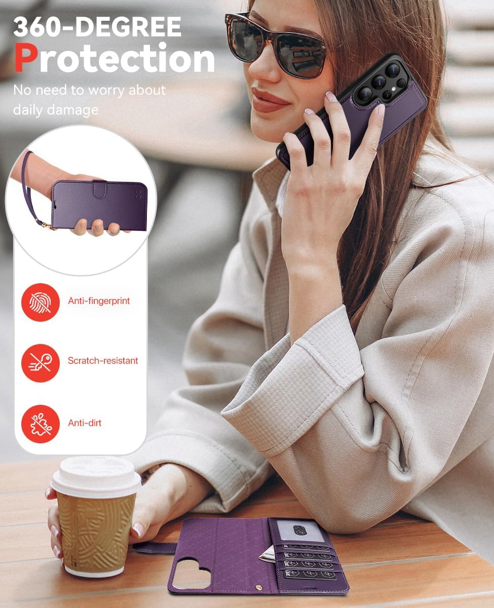 OCASE for Samsung Galaxy S25 Ultra Detachable Wallet Case with Card Holder, [2 in 1] PU Leather Flip Folio Case with RFID Blocking Stand Wrist Strap Shockproof Phone Cover 2025, Dark Purple - Image 8