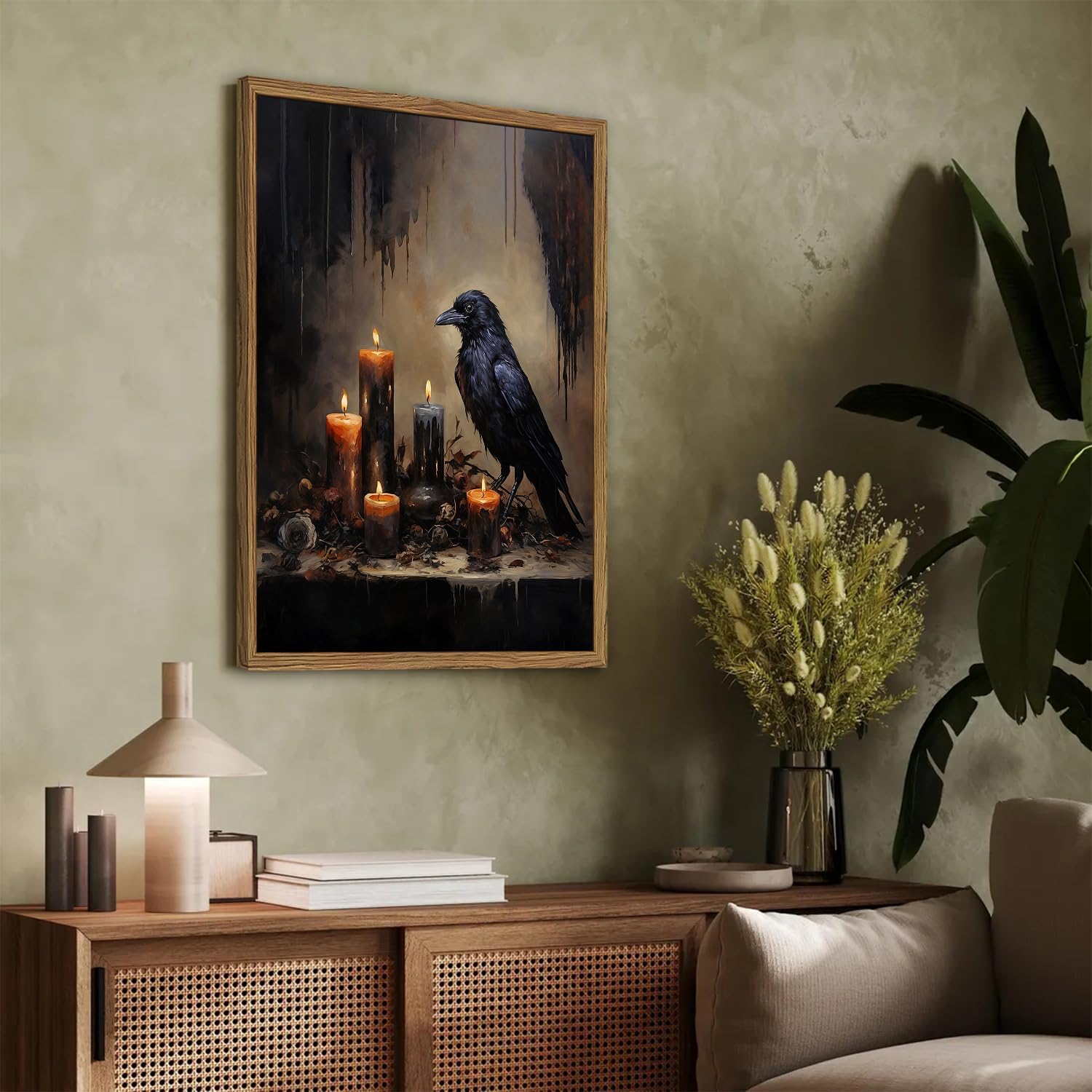 Framed Vintage Halloween Black Raven Canvas Wall Art, Gothic Dark Academia Crow Pictures Wall Decor, Spooky Moody Candlelight Paintings Prints for Living Room Bedroom Bathroom Dorm 16x24 inch