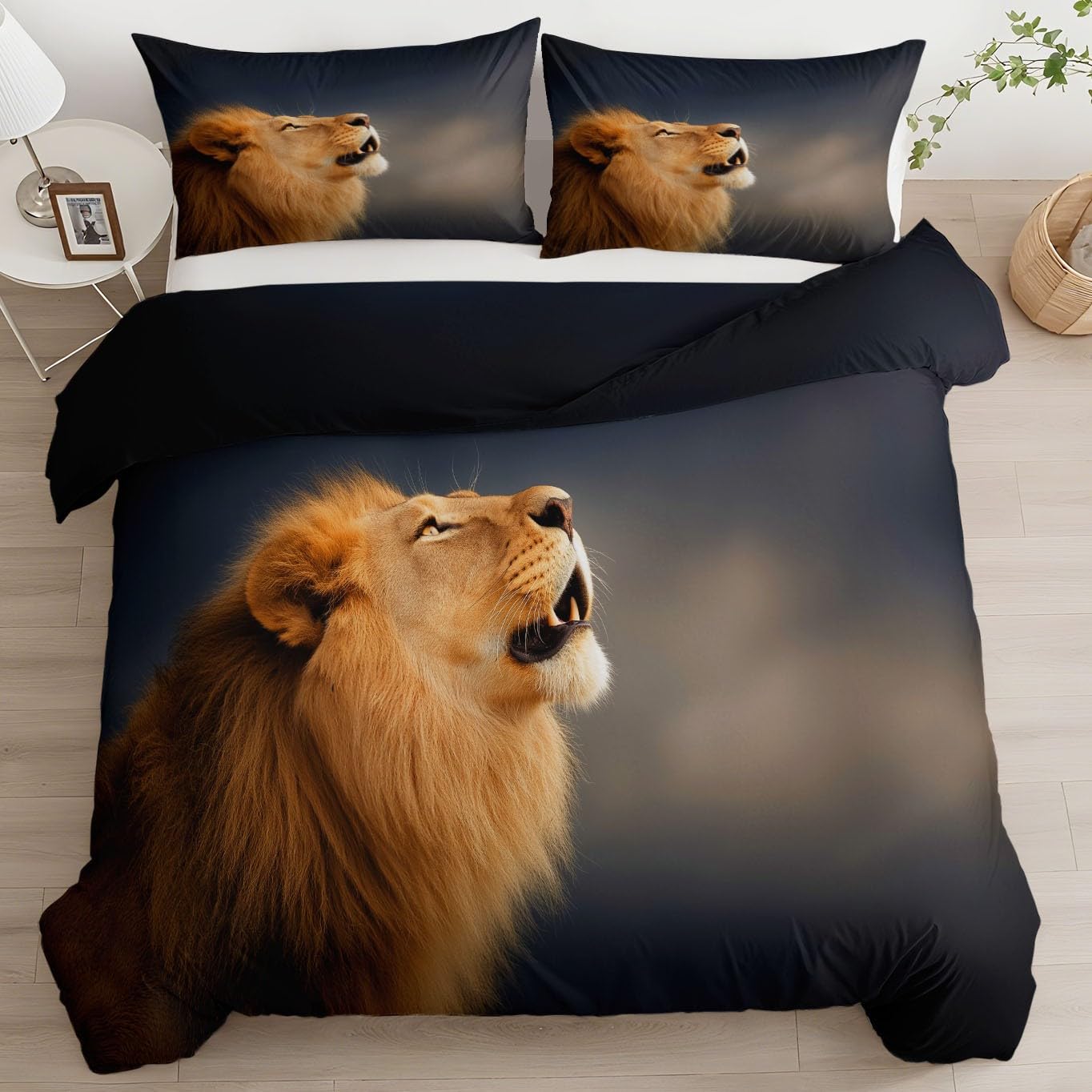 Housse de couette lion 240x260 cm en microfibre grise avec taies
