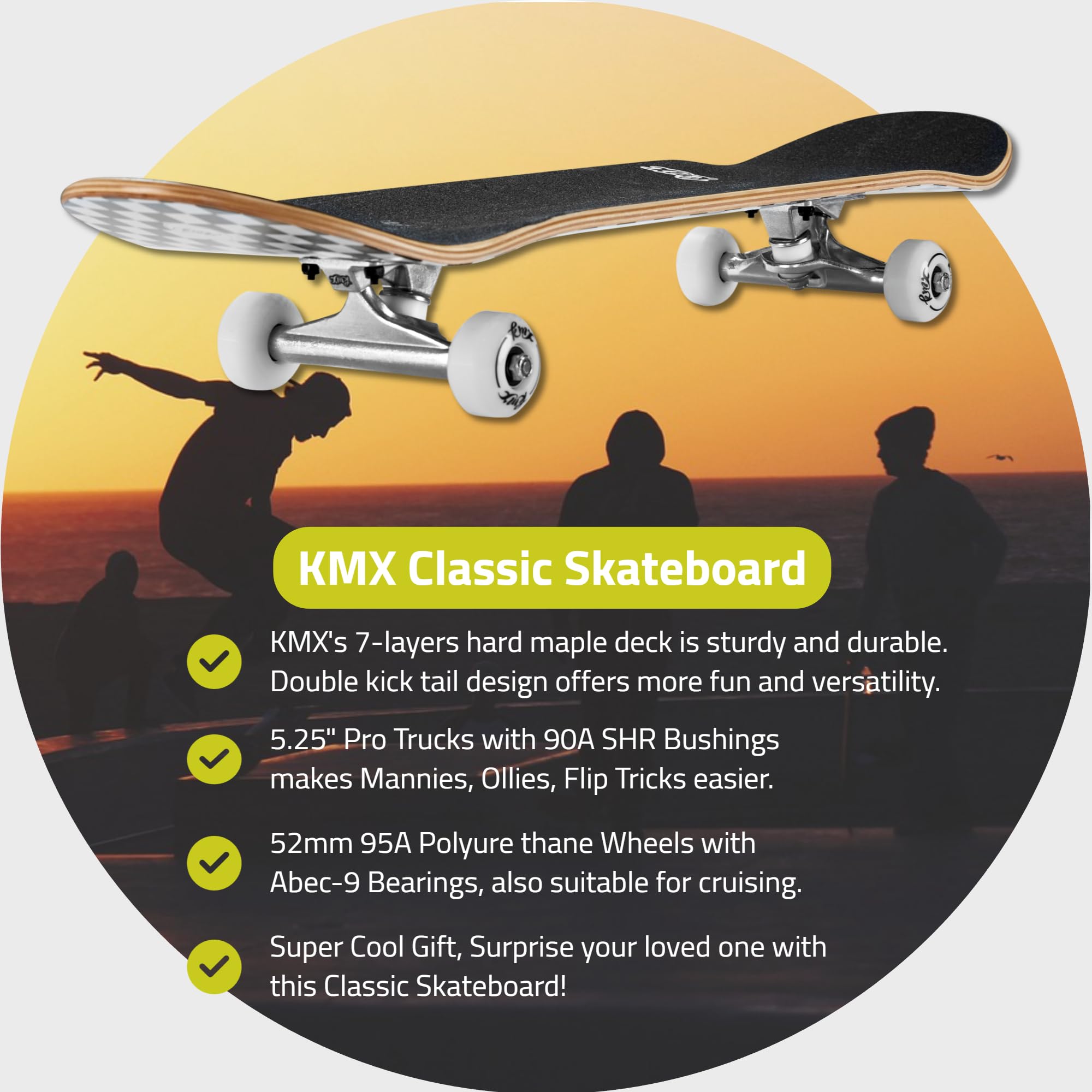 31 Zoll Profi skateboard für Kinder, Anfänger, Jungen, Erwachsene, Junge, Mädchen. Kanadisches Ahornholz, Double Kick Concave-Deck | Profi Achsen | Cruising und Tricks(Klassisch Checker)