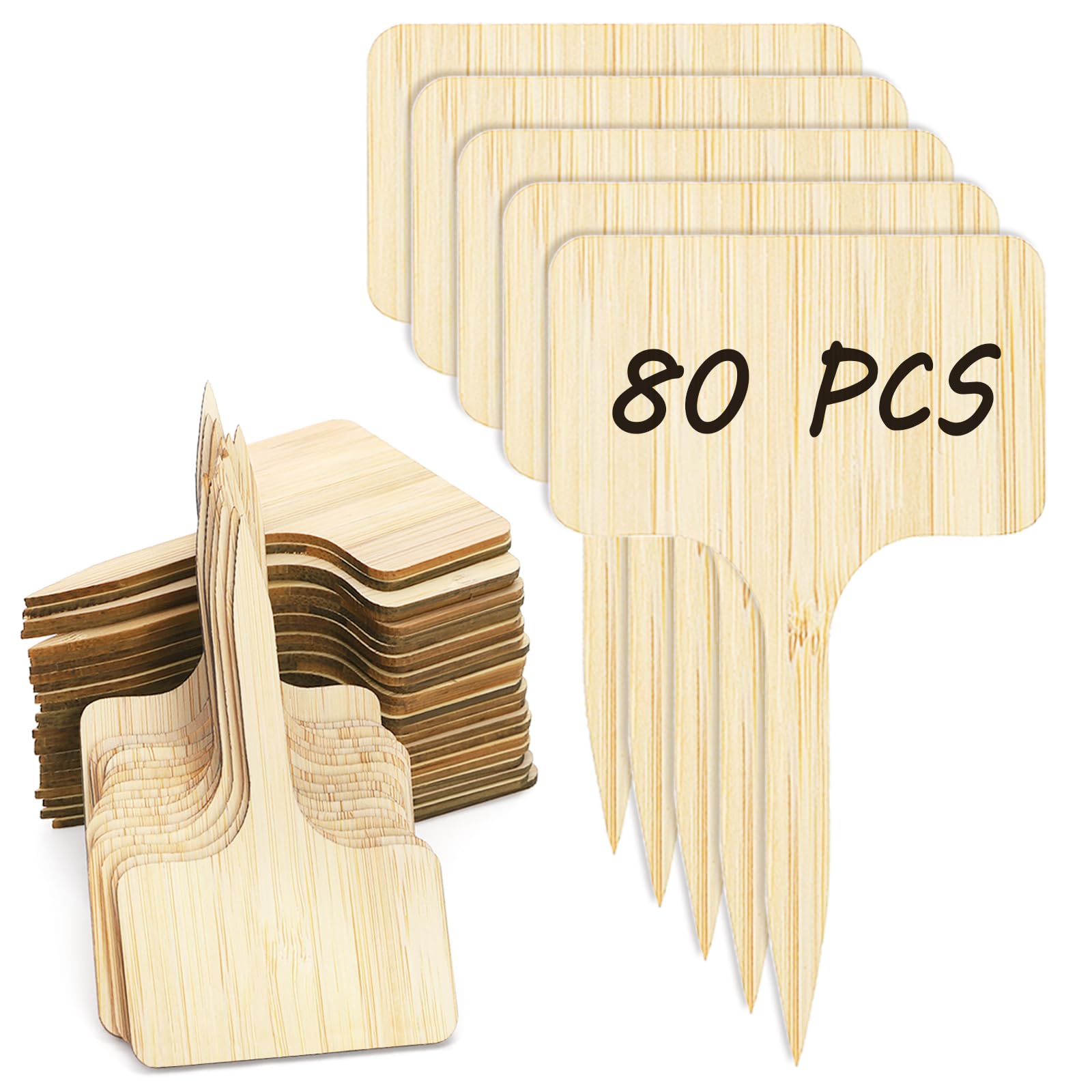 YOUEON 80 Pcs Bamboo Plant Label with Marker Pen, 10 x 6 cm T-Type Plants Tags, Waterproof Garden Markers Plant Sign Tag for Potted Herbs, Flowers, Vegetables and Others