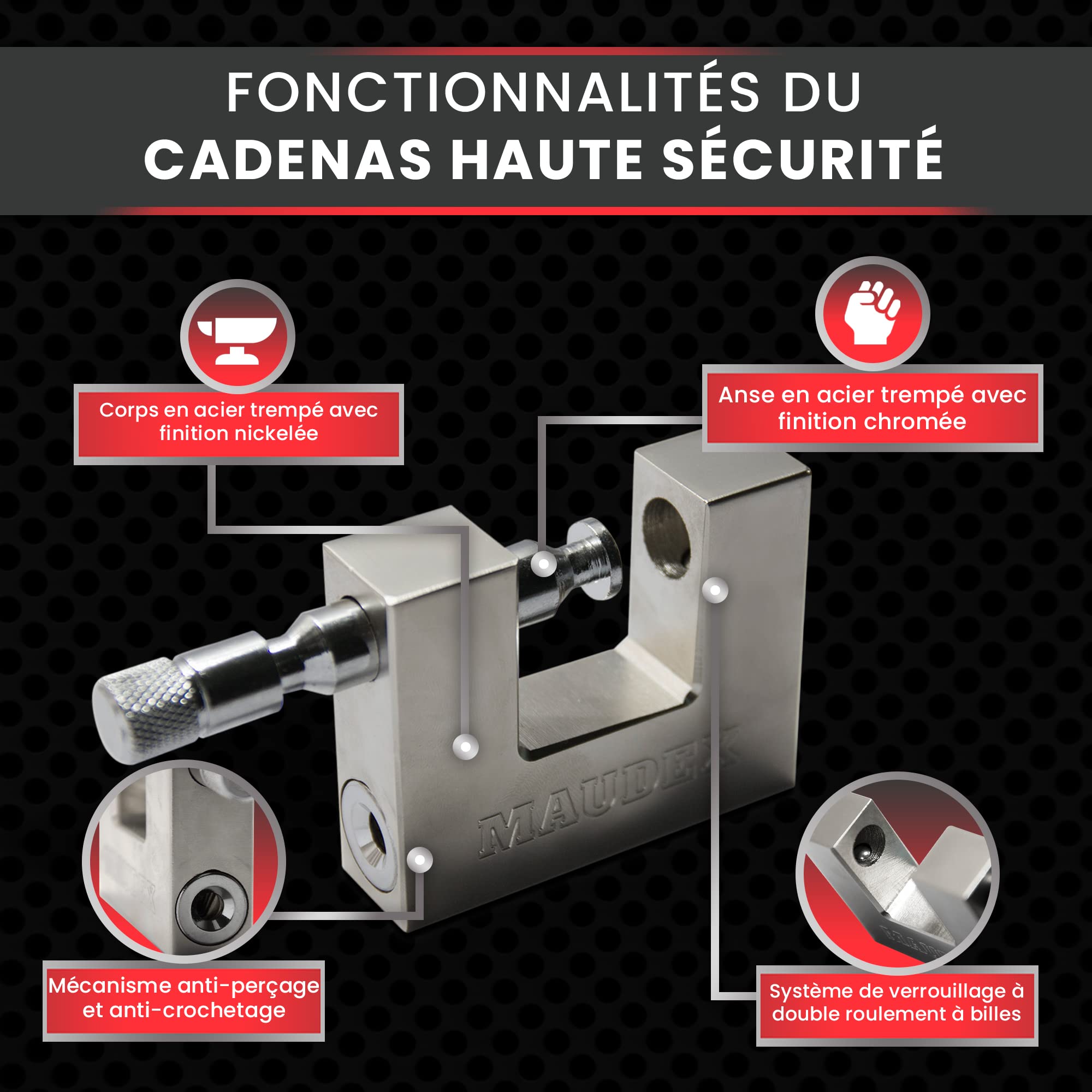 Maudex® MDP90 Cadenas Extérieur avec 10 Clés - Anse 12 mm Anse Résistante aux Coupures, Gros Corps Inox Étanche | Antivol de Sécurité pour Conteneur, Portail, Remorque Attelée