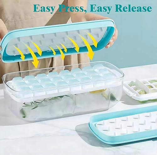 Miniatura 3 de Bandeja para cubitos de hielo con tapa y contenedor, 2 bandejas apilables para máquina de hielo para congelador, contenedor de hielo de fácil