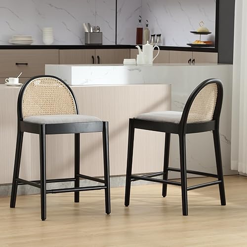 Miniatura 7 de LukeAlon Juego de 2 taburetes modernos de lino para mostrador, de 26 pulgadas de altura de asiento, con patas de madera, caña de ratán natural,