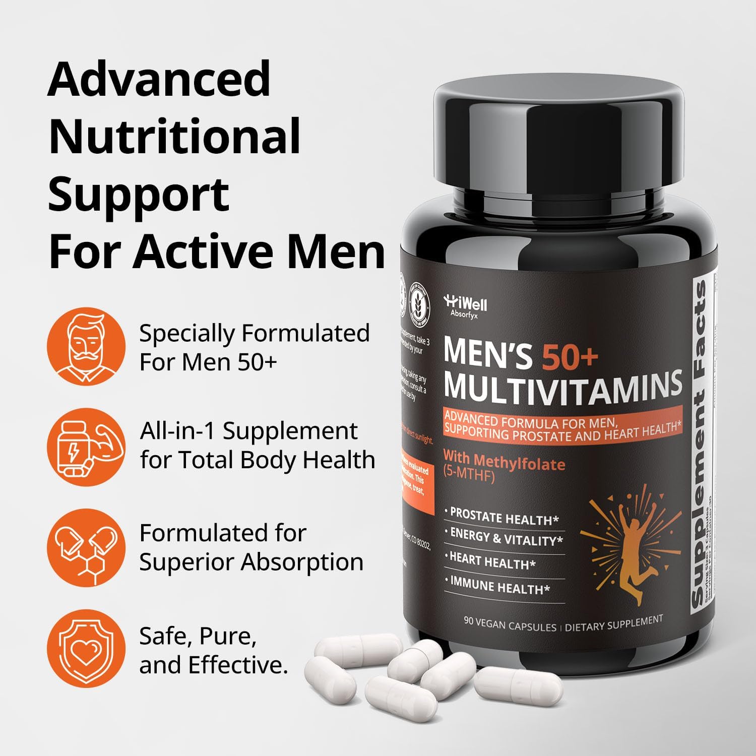 Multivitamin for Men 50 Plus with Vitamins, Minerals, Methylfolate, Saw Palmetto & CoQ10 - Daily Vitamin Supports Energy, Heart Health, Prostate Health & Immune Function* - 90 Vegetarian Capsules