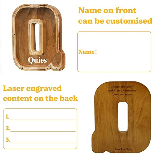 Vista 92 de Customized Name Large Wooden Piggy Bank for Boys Girls Alphabets Letter A-Z Coins Bills Money Change Bank Box Initial on Clear Cover