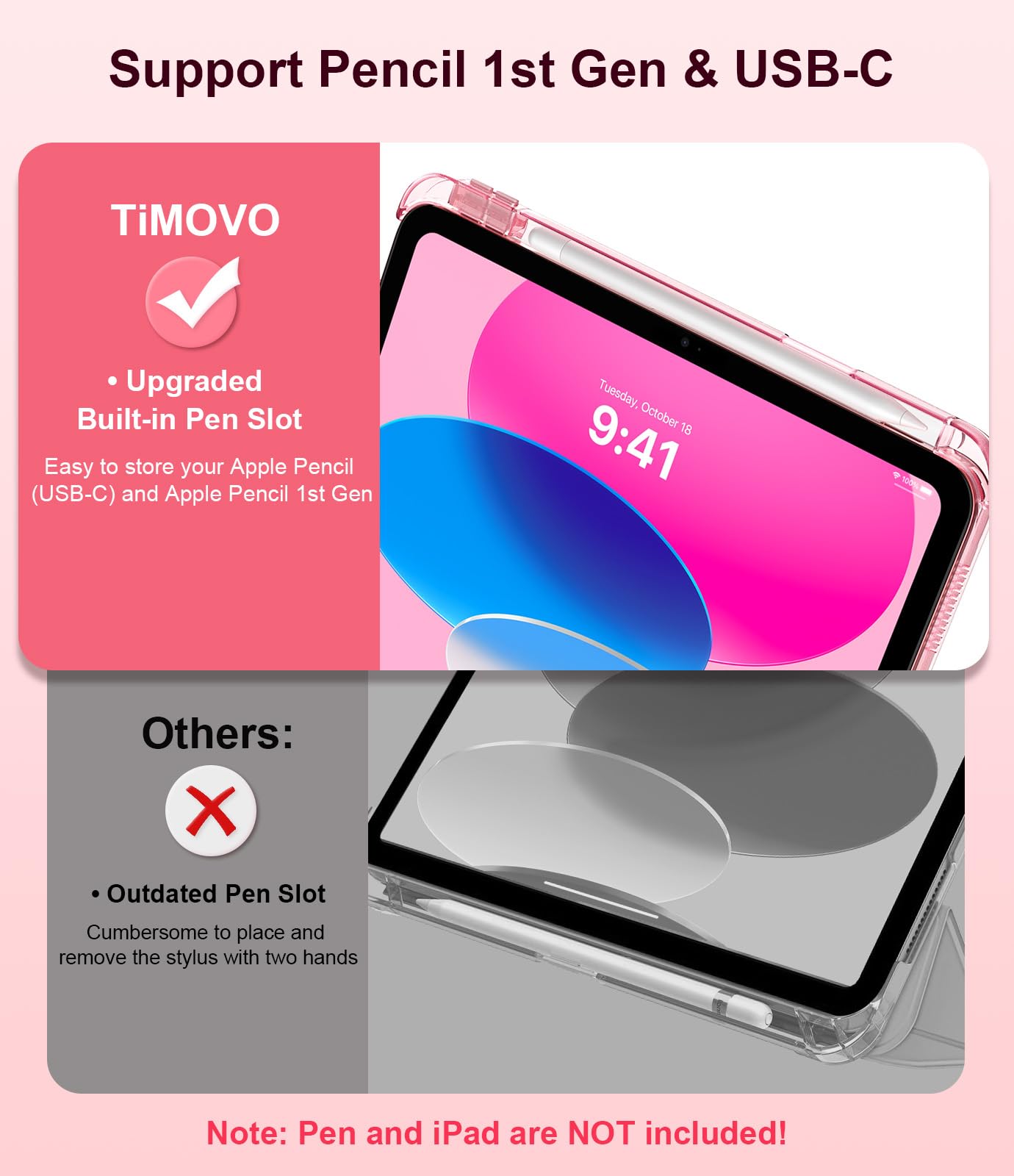 TiMOVO Cover per iPad 11 Generazione A16 11 Pollici 2025/iPad 10 Generazione 10,9 Pollici 2022 con Portapenne, Custodia con Supporto Retro Traslucido, Auto Sveglia/Sonno, Anguria Rossa