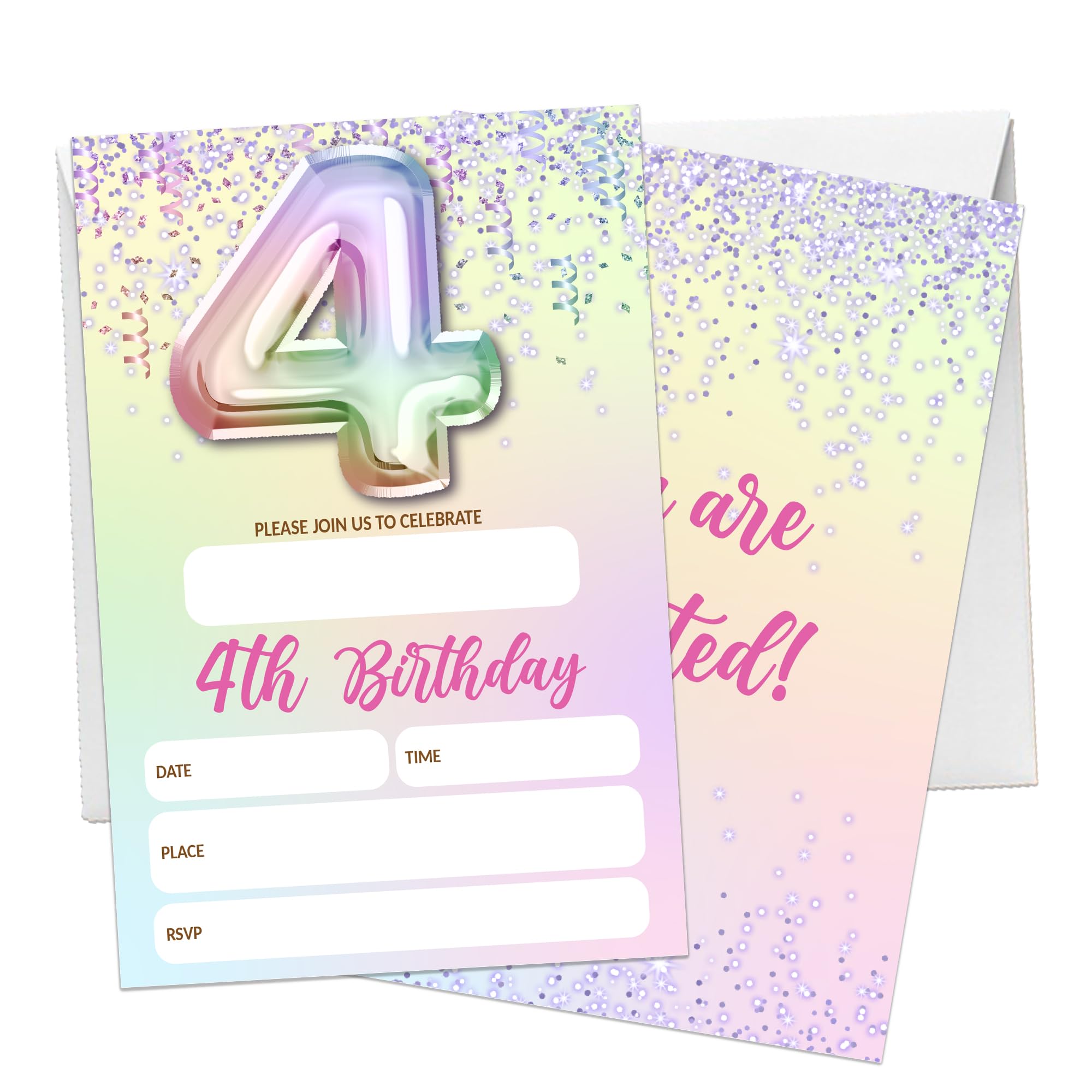 RPLCSPC 4th Birthday Party Invitations, 4 x 6 Purple Foil Birthday Cards, 20 Fill-in Style Invitation with Envelopes, Glitter Bday Party Favor &