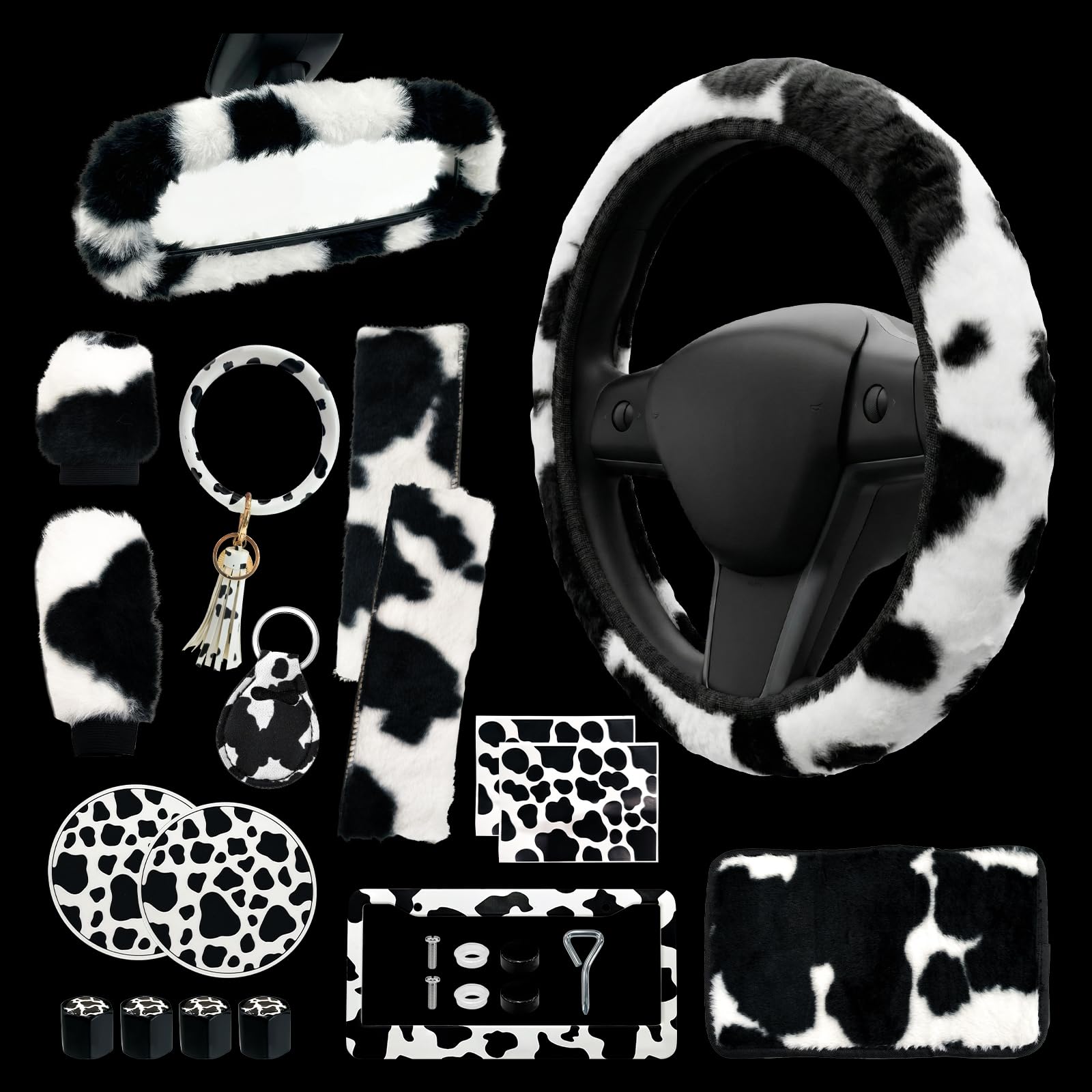 Photo 1 of 18 Pcs Cow Print Car Accessories Set Interior - Fluffy Steering Wheel Cover, Seat Belt & Rearview Mirror, Armrest Cover, Coasters, License Plate Frame & Stickers - Cute Car Decor for Women (Black)