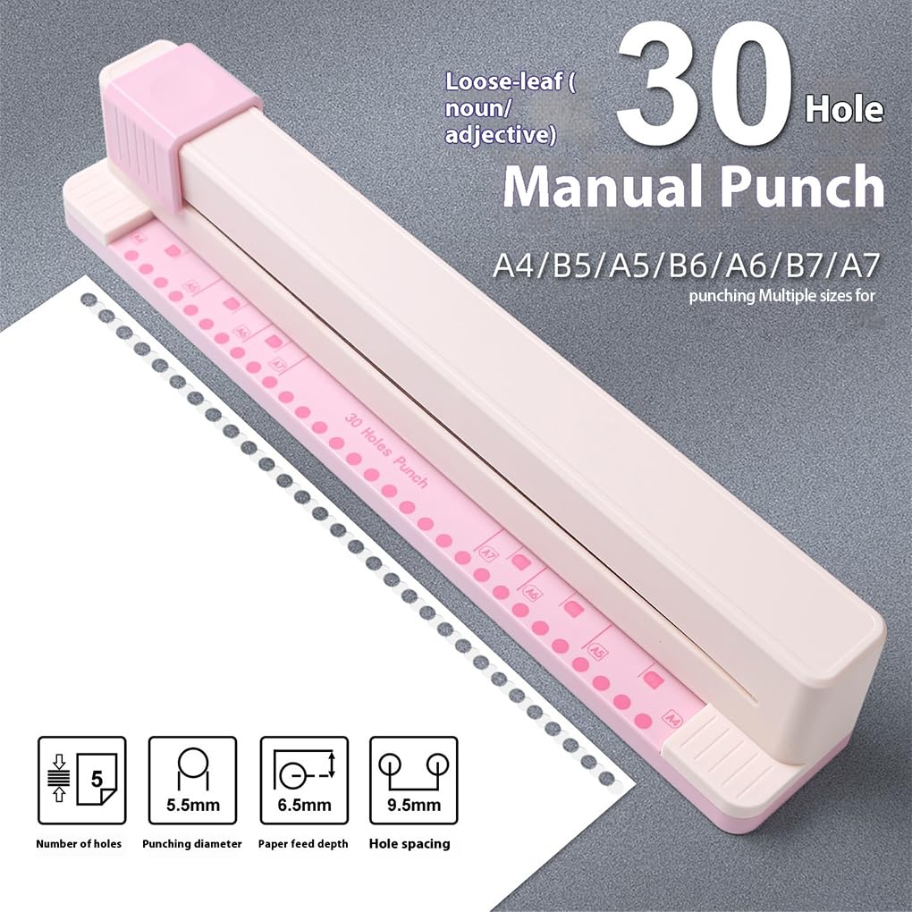 Perforadora manual de 30 agujeros con base antideslizante para oficina, escuela, profesional, máquina perforadora de papel 30 agujeros, rosa