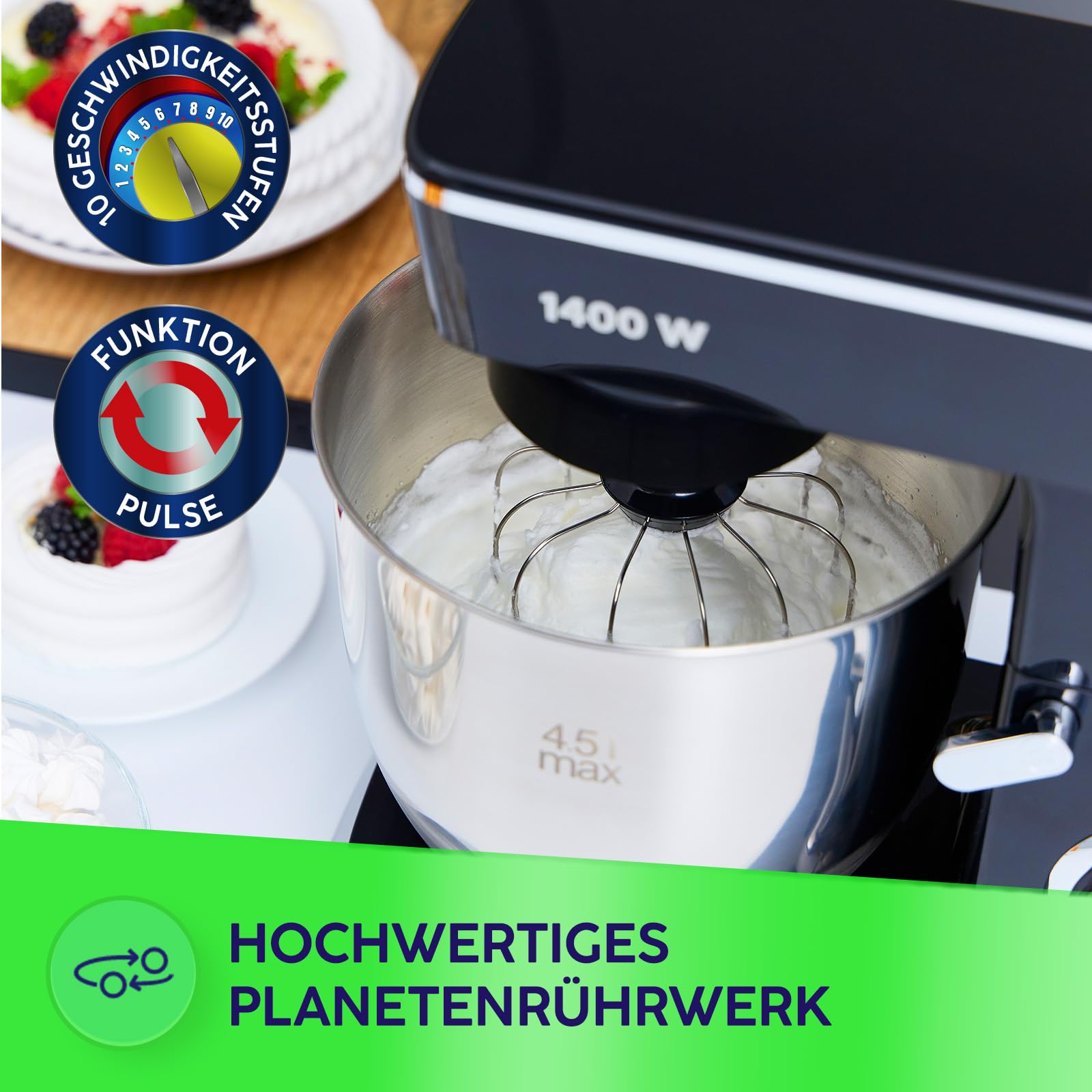 MPM Planetarna Maszyna Kuchenna MRK-25 – Wielofunkcyjny Mikser Kuchenny 4,5 l – Wszechstronne Urządzenie Kuchenne 1400W – Dwie Misy – Trzy Wymienne Trzepaczki