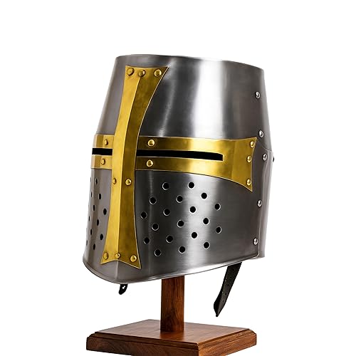 Bhartiya Handicrafts Medieval Templar Crusader Knight Armor Helmet for Medieval - Warrior Brass Crusaders Templar Steel & Brass Helm - Costumes Props for Cosplay