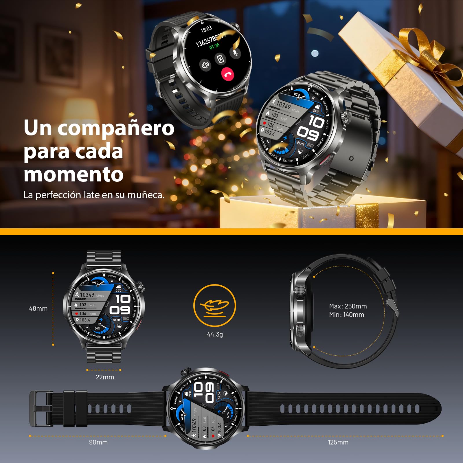 SLOKSFil Reloj Inteligente Hombre con Bluetooth Llamada, 1000mAh Smartwatch Hombre con 1,52" HD/110+ Modos Deportes/24/7 Pulsómetro/Sueño/IP68 Impermeable/Podómetro Android iOS (Acero Negro)